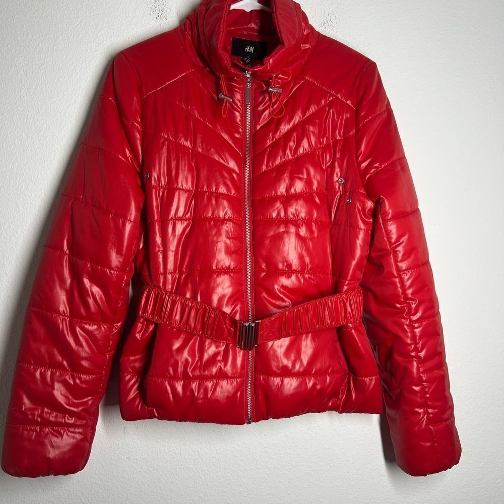 H&M Shiny Red Puffer With Belt 2 Pockets Size 12 EUC
